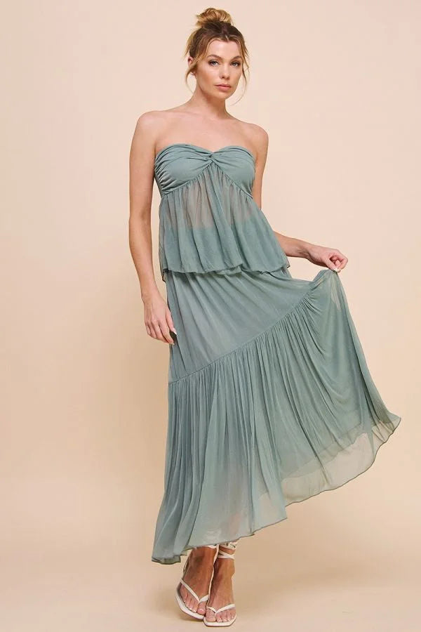 Strapless sage green maxi dress with soft crinkled woven asymmetrical tiered skirt