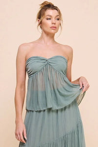 Strapless sage green crinkled woven dress with a gathered bodice and flowy skirt