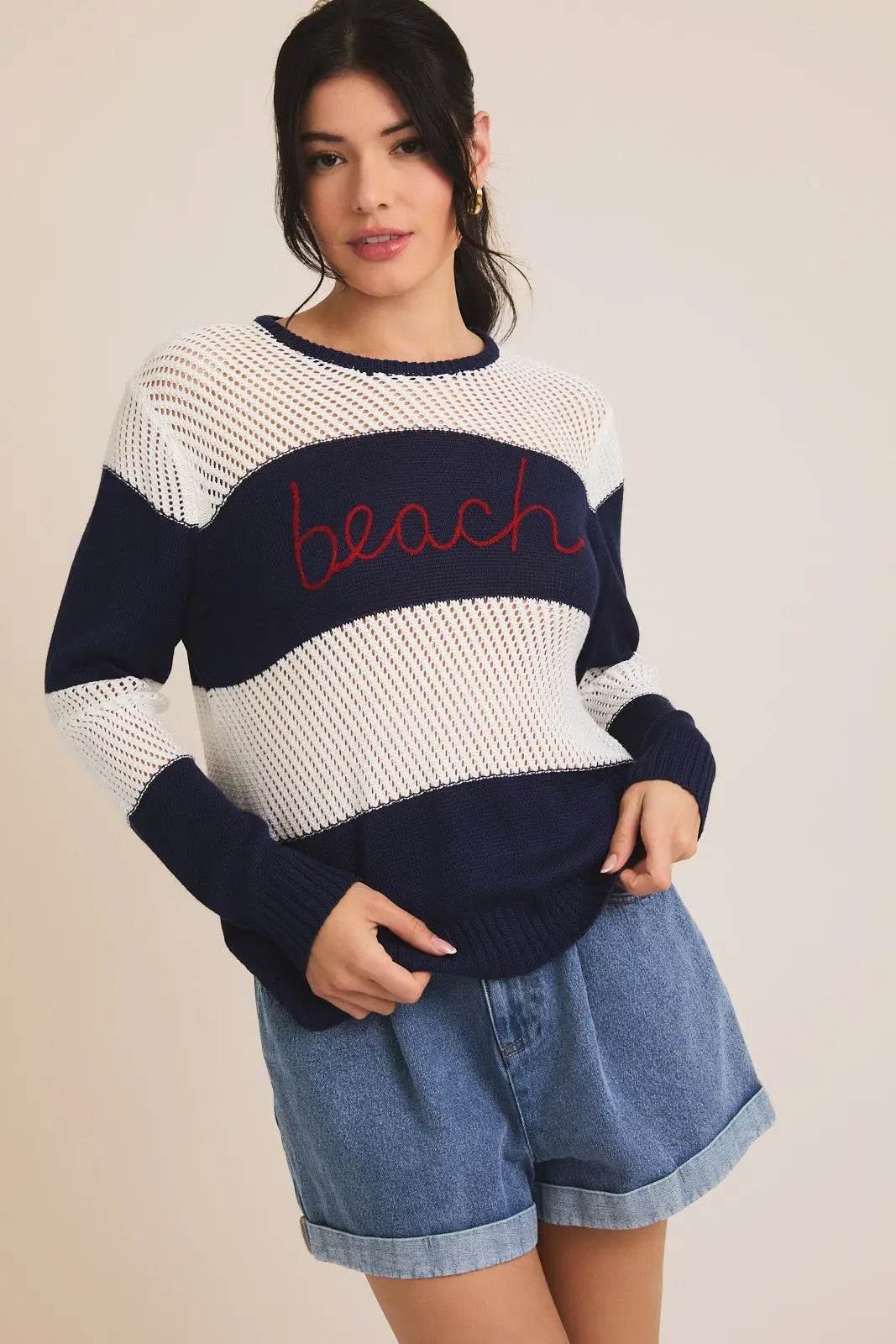 Round neck long sleeve beach stripe light weight sweater for stylish summer outings