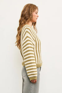 Striped beige and white oversized crew neck sweater from Shop Daisy, perfect for women’s boho chic clothing