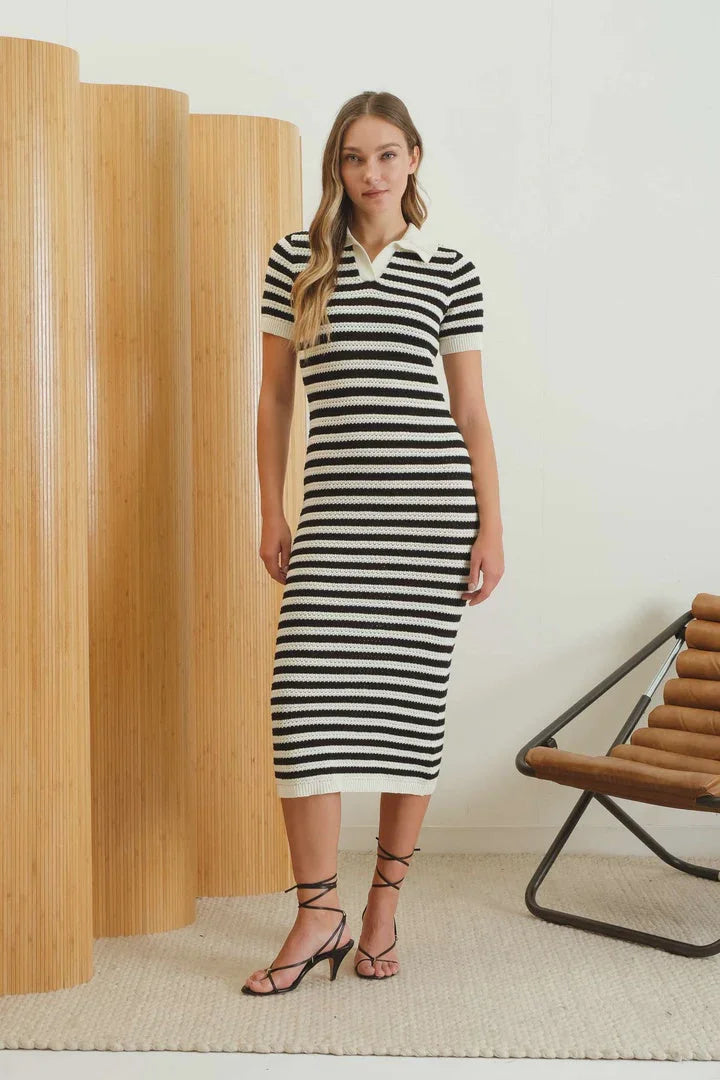 Striped black and white crochet knit collared midi dress for women’s boho chic clothing