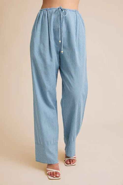 Striped blue draw string waist stripe chambray pants for stylish casual wear