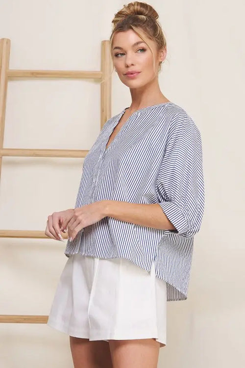 Striped blue and white Easy Pinstripe Seersucker Button Front 3/4 Dolman Blouse