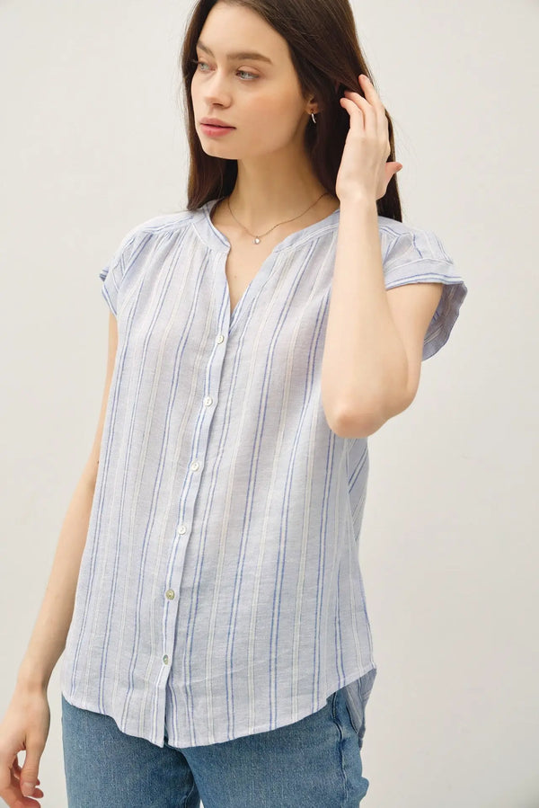 Striped Mandarin collar linen shirt from Shop Daisy, a perfect piece for women’s boho chic clothing