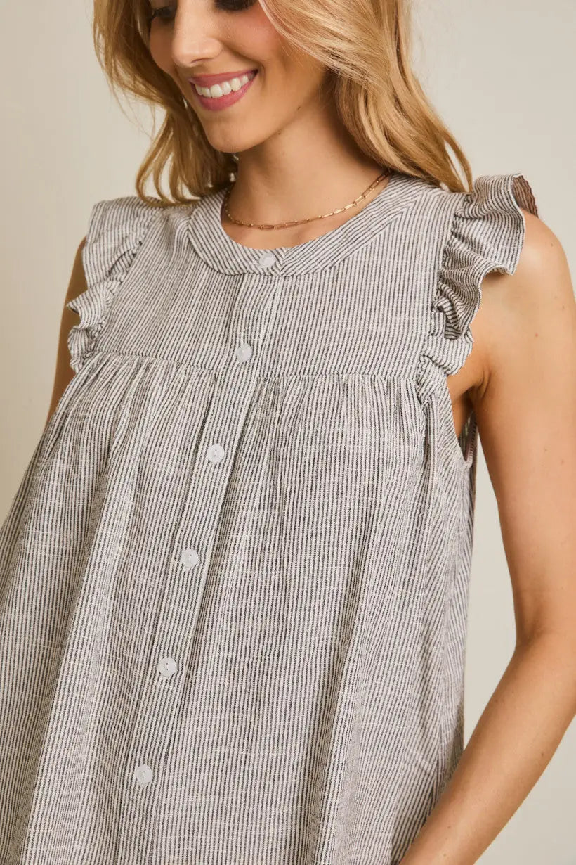 Round neck button-up ruffle sleeve stripe top displayed in the ROUND NECK BUTTON UP RUFFLE SLEEVE STRIPE TOP collection