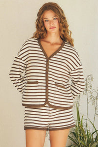 Textured horizontal striped cardigan and shorts set in brown and white from Shop Daisy