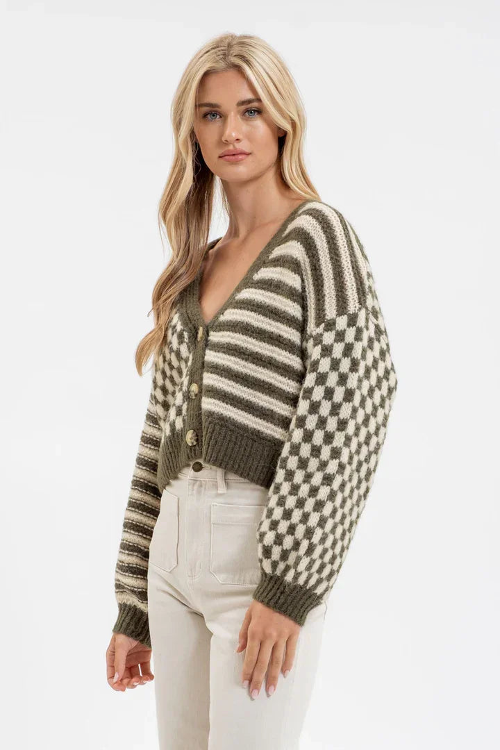 Striped and checkered knit cardigan with balloon sleeves from Shop Daisy for women’s boho chic clothing