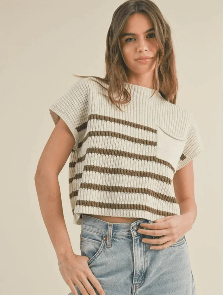 Striped cream and brown mock neck knit sweater vest for women’s boho chic clothing