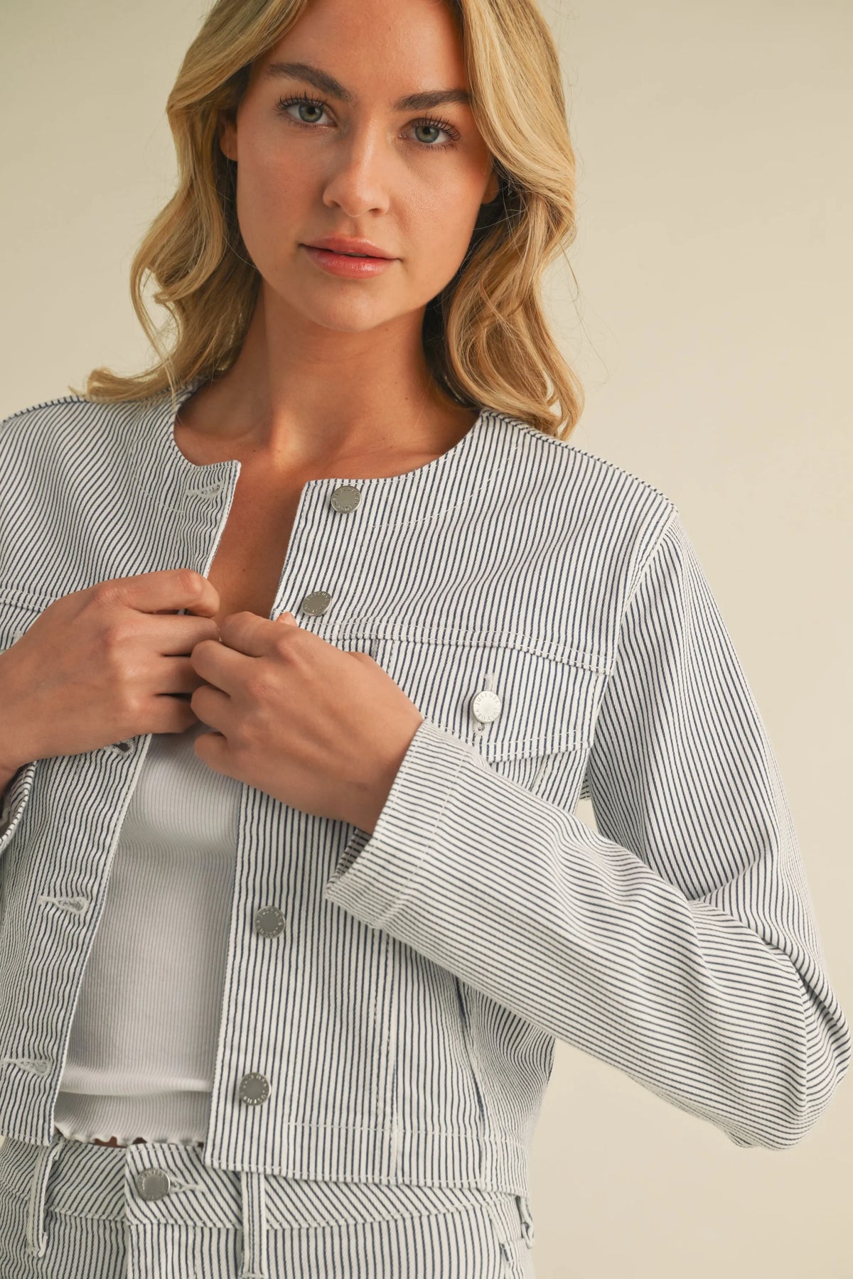 Striped denim jacket from COLLARLESS CROPPED STRIPED JACKET DENIM, perfect for summer boho style