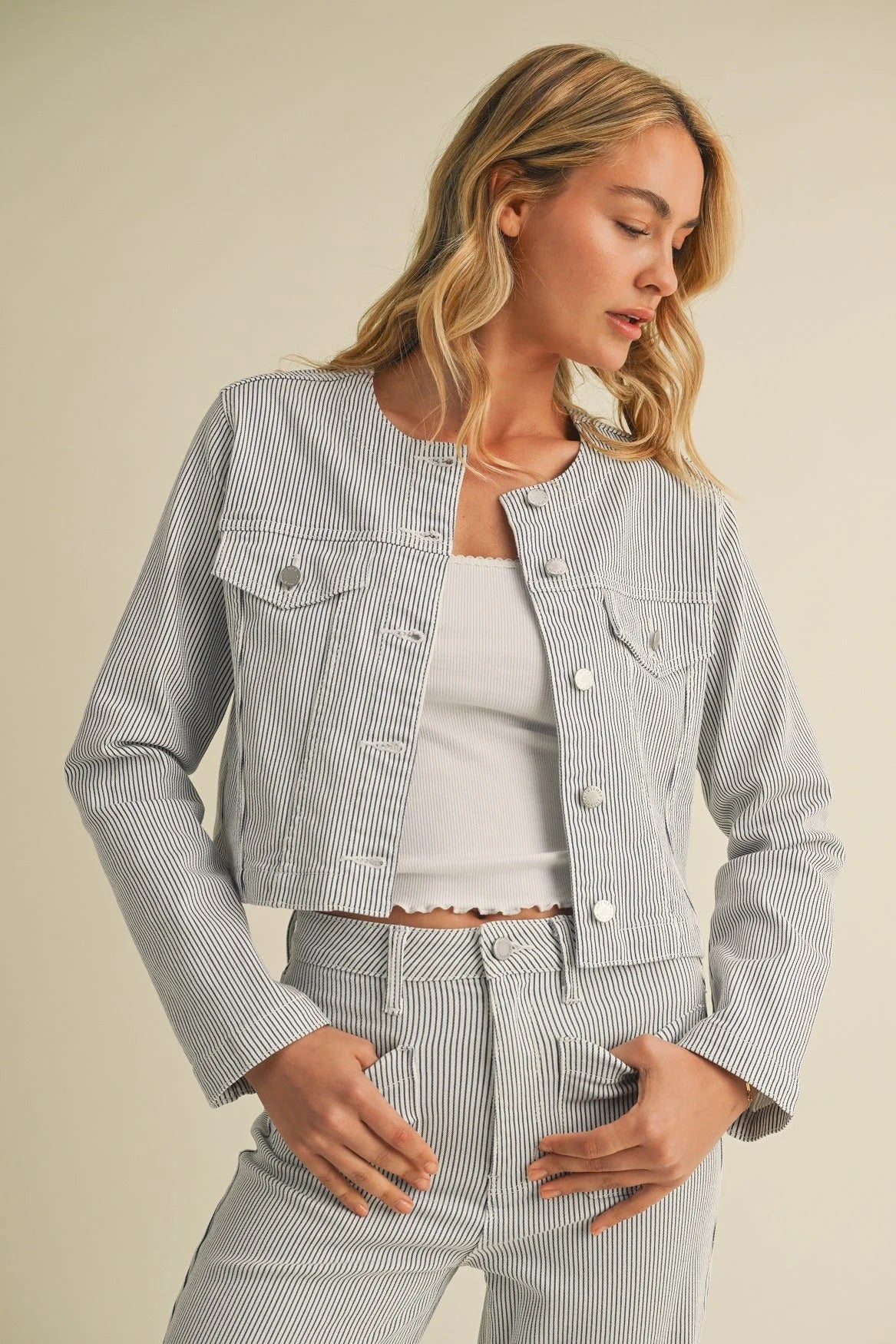 Striped denim jacket and pants set perfect for summer boho style featuring a striped jacket