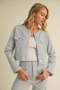 Striped denim jacket and pants set perfect for summer boho style featuring a striped jacket