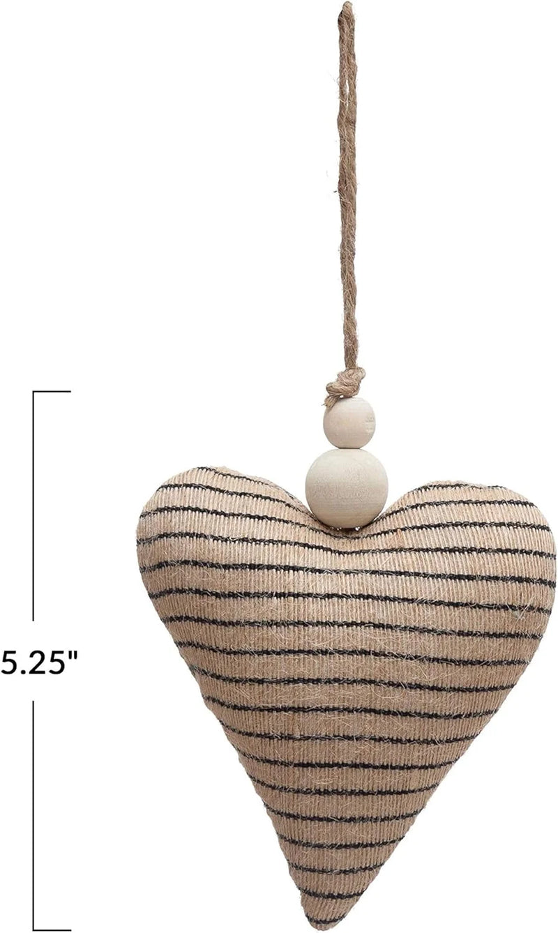 Striped heart ornament with wood beads decorative accents on a string hanger