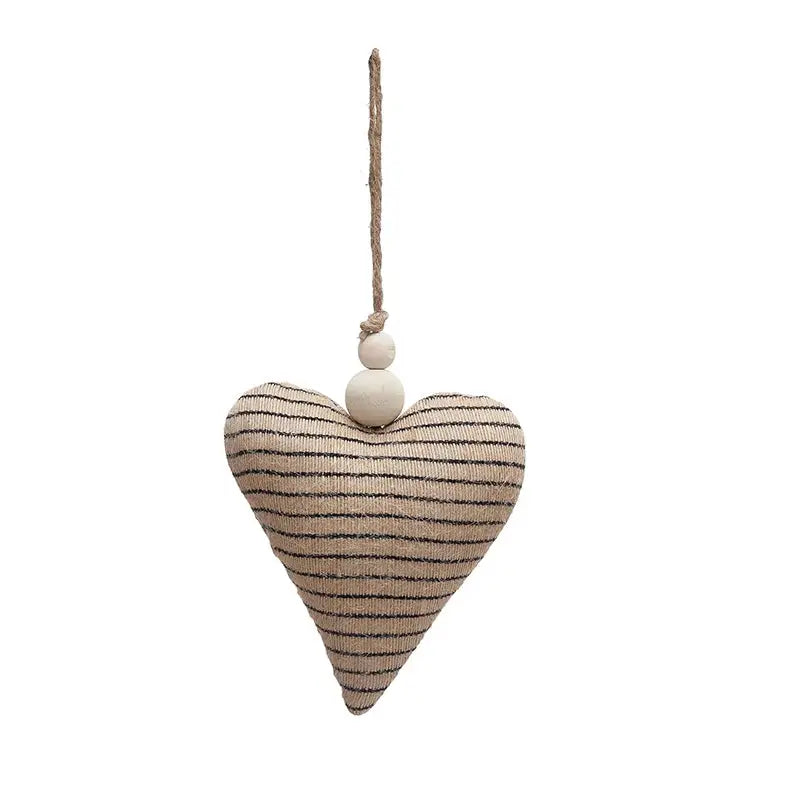 Striped heart ornament with wood beads decorative accents on a jute string