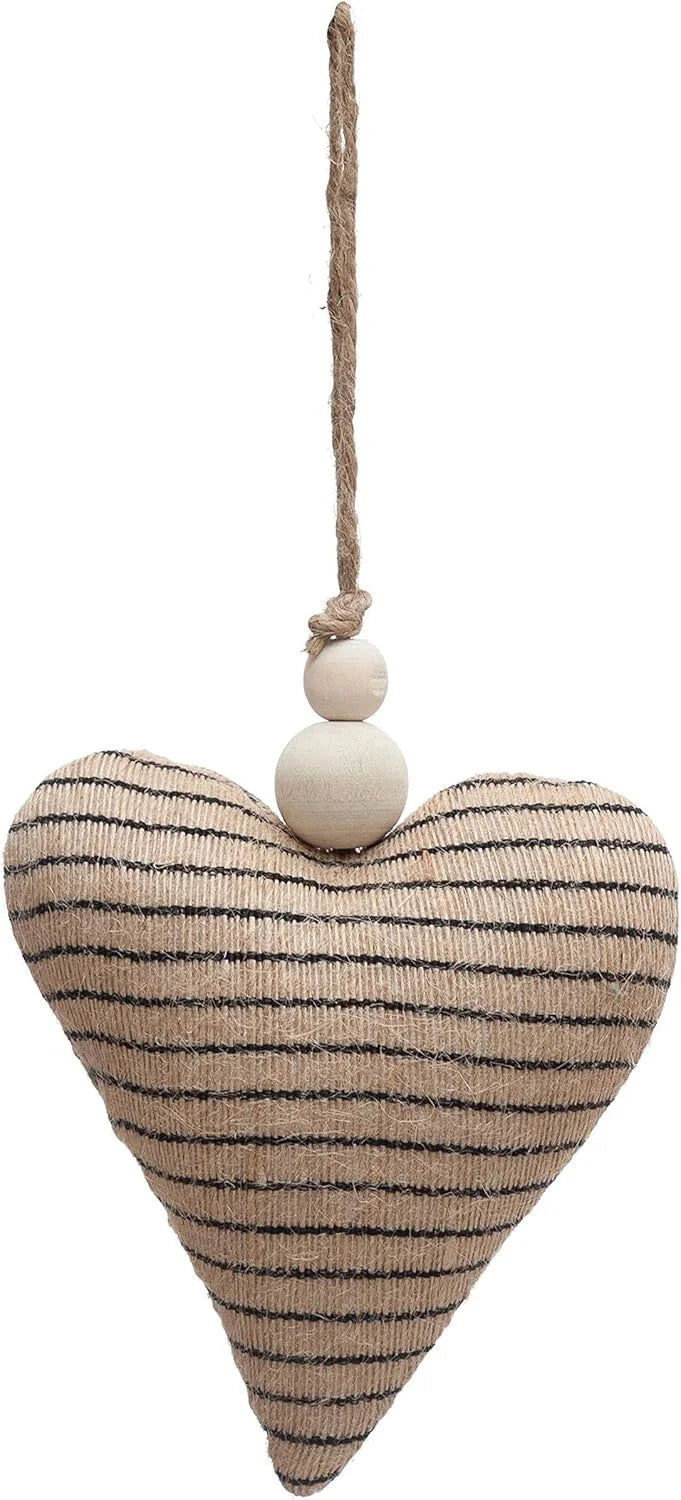 Striped heart ornament with wood beads decorative accents on a rope hanger