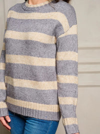 Striped gray and cream knit sweater in LONG SLEEVE STRIPES PULLOVER SWEATER at Shop Daisy