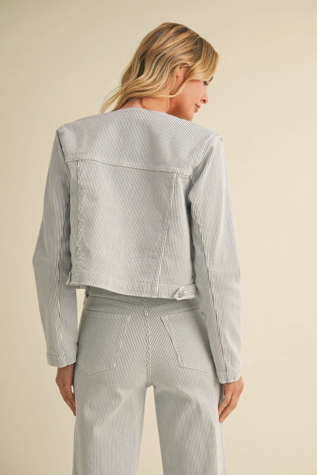 Striped jacket and pants set from COLLARLESS CROPPED STRIPED JACKET DENIM for summer boho style