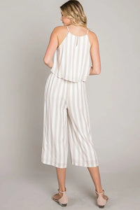 Striped jumpsuit in white and beige featuring Woven Flowy Culottes design