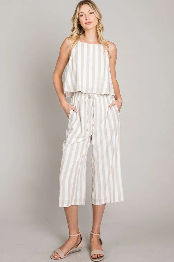 Striped white and beige woven flowy culottes showcasing elegant design and style