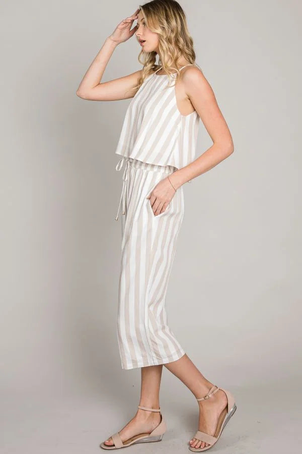 Striped jumpsuit in white and beige featuring Woven Flowy Culottes design element