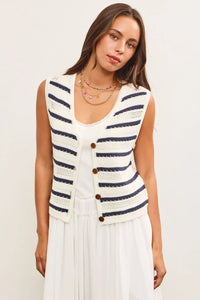 Striped knit button-up vest from Shop Daisy, a stylish addition to women’s boho chic clothing