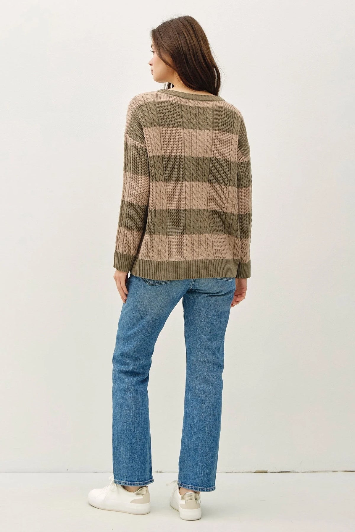 Striped Cable Knit Crew Neck Sweater in beige and brown tones for a boho look