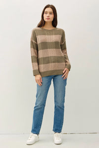 Striped Cable Knit Crew Neck Sweater in beige and brown tones, perfect for boho style