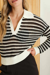 Long sleeve crochet knit sweater featuring a striped design and contrasting white collar