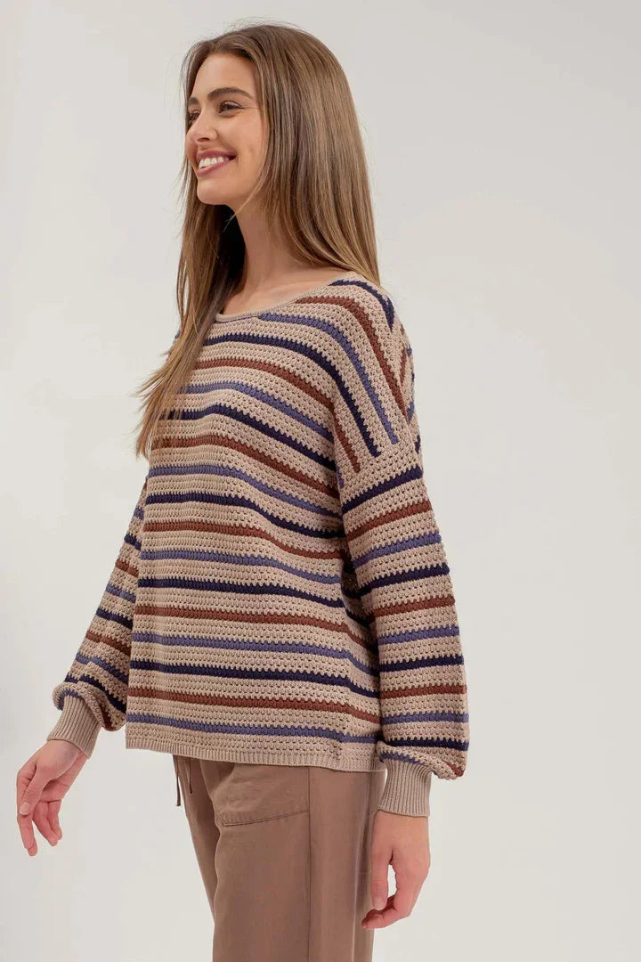 Multicolor stripe crochet knit sweater featuring earthy horizontal bands