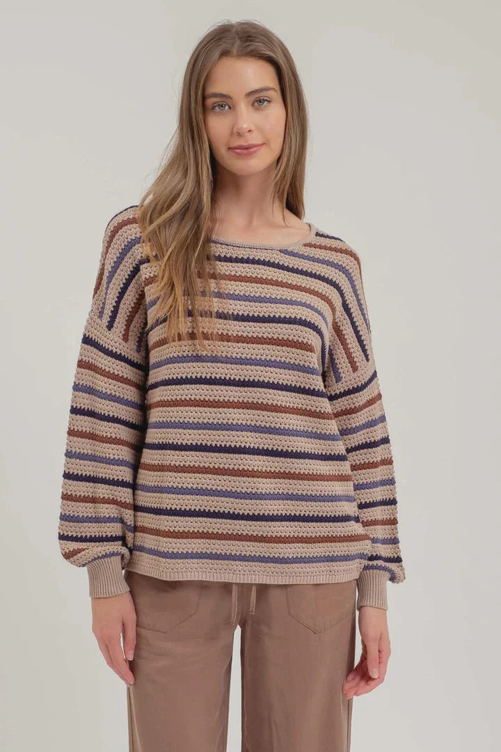 Multicolor stripe crochet knit sweater featuring balloon sleeves and vibrant horizontal bands