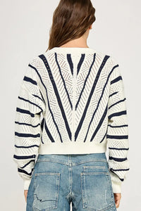 Striped knit sweater from V-STRIPED KNIT SWEATER, perfect for women’s boho chic clothing at Shop Daisy