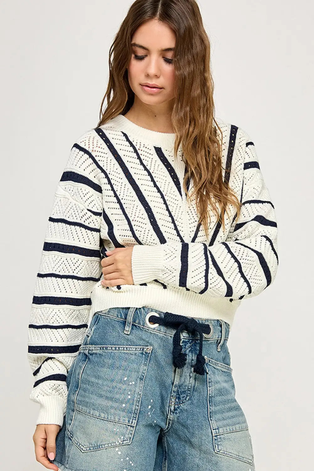 V-Striped Knit Sweater, women’s boho chic clothing for stylish knit sweater fashion at Shop Daisy