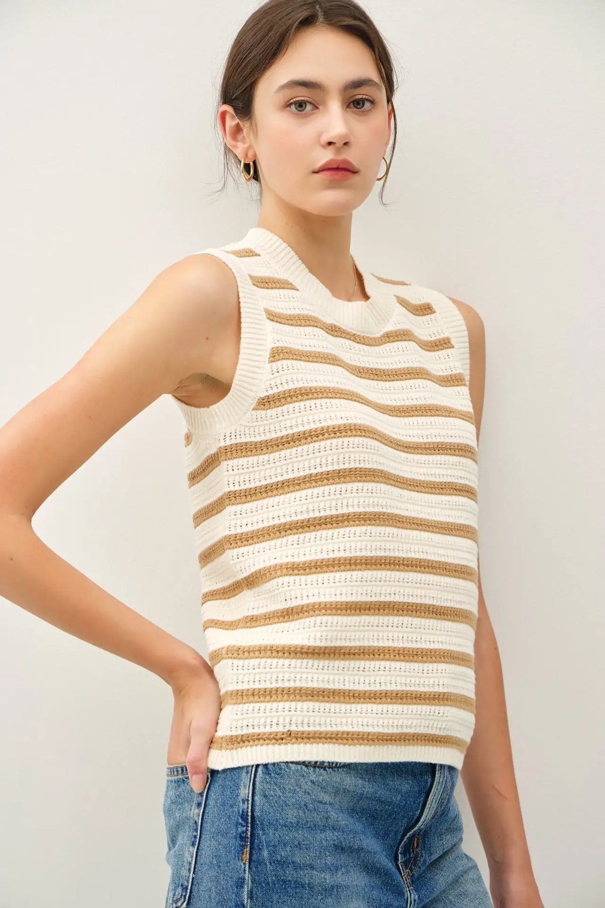 Striped sweater tank in chunky knit with contrast accents from CHUNKY KNIT STRIPED SWEATER TANK collection