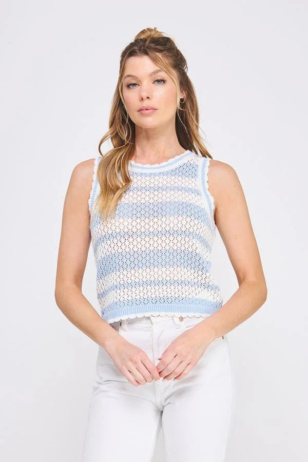 Striped crochet tank top with scallop edges and knit design for stylish summer wear