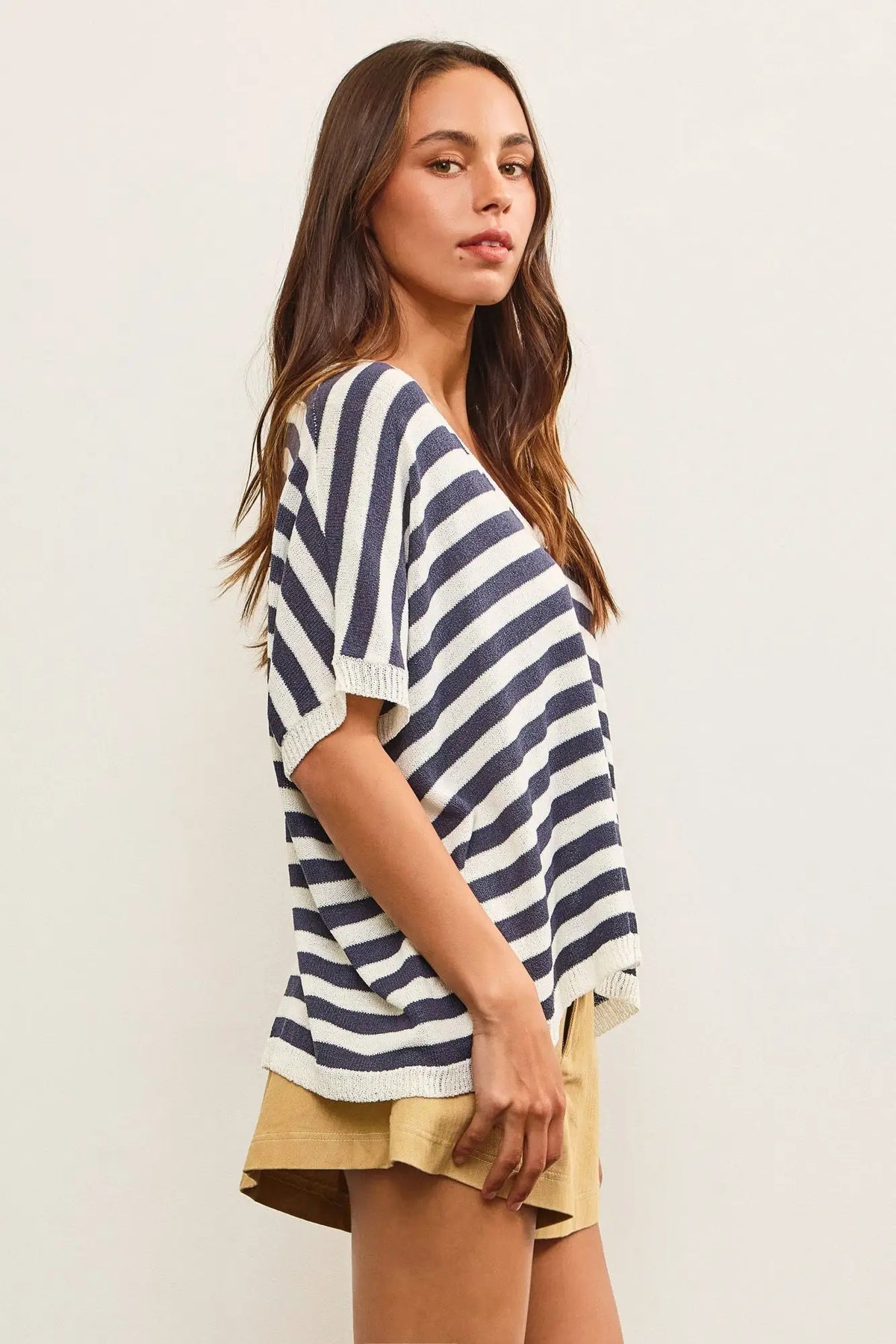 V-neck oversized stripe sweater top with a stylish knit pattern