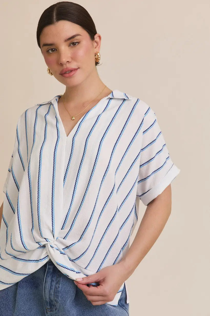 V-Neck Folded Short Sleeve Stripe Blouse showcasing a stylish striped knotted design