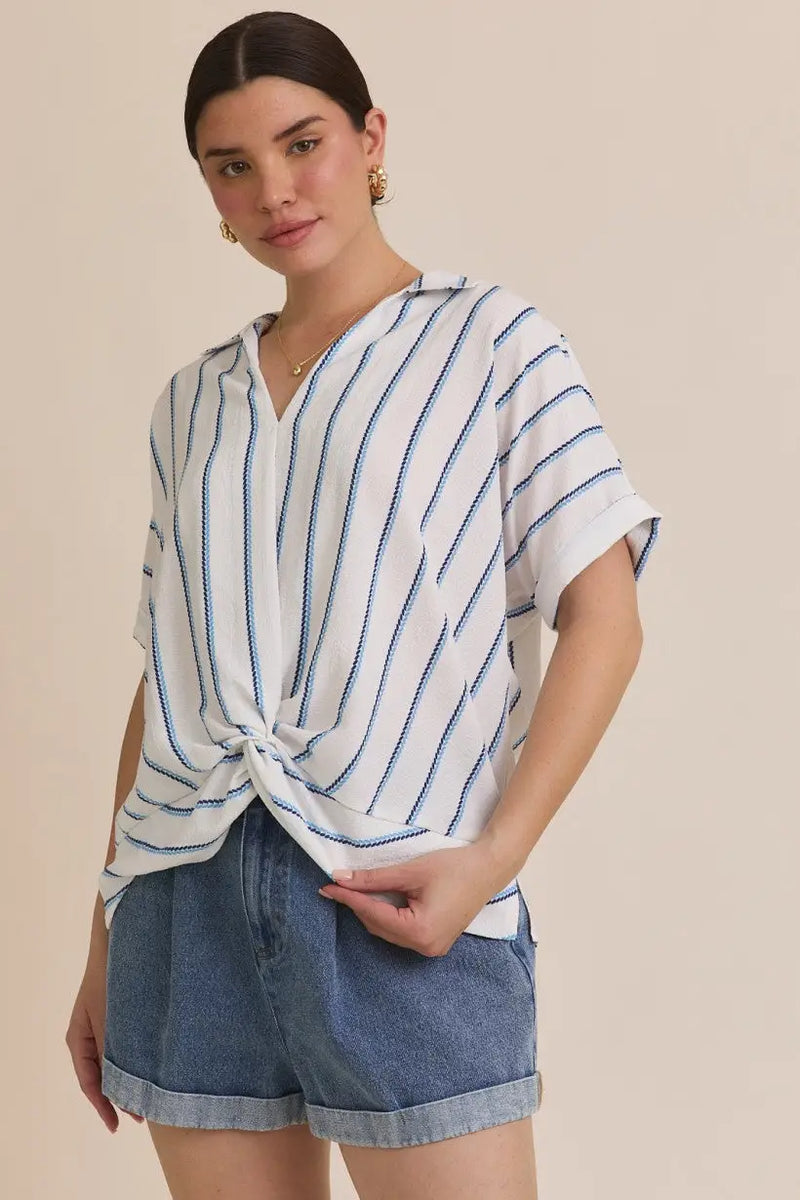 V-NECK Folded Short Sleeve Stripe Blouse featuring a stylish striped knotted design