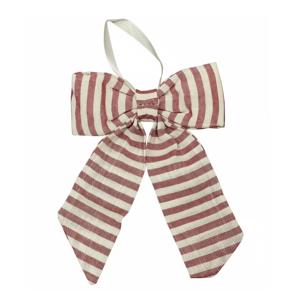 Striped cranberry red fabric bow tie with cream stripes and white ribbon loop