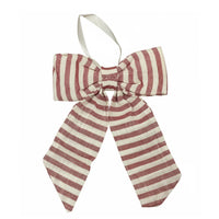 Striped cranberry red fabric bow tie with cream stripes and white ribbon loop