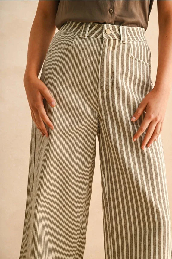 High-waist wide-leg stripe fabric mixed pants