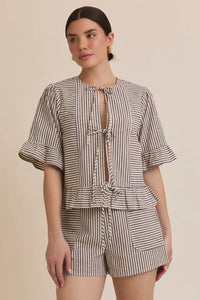 Front tie short sleeve ruffle hem stripe blouse with matching linen set for stylish summer wear