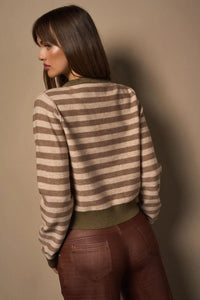 Long sleeve stripe Kint cardigan with brown leather pants for stylish casual wear