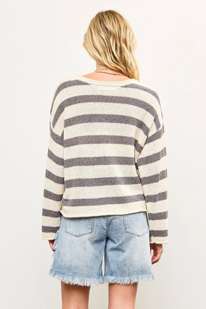 Striped long-sleeved sweater from Shop Daisy, perfect for women’s boho chic clothing