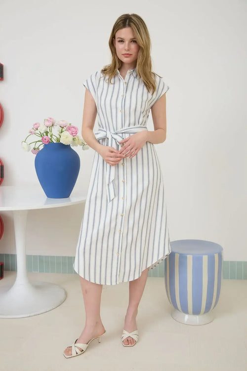 Striped midi shirt dress showcased in women’s boho chic clothing at Shop Daisy