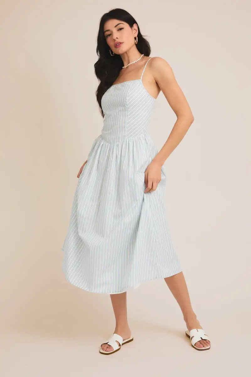 Sleeveless fit and flare knit midi dress in stripes, ideal for women’s boho chic clothing