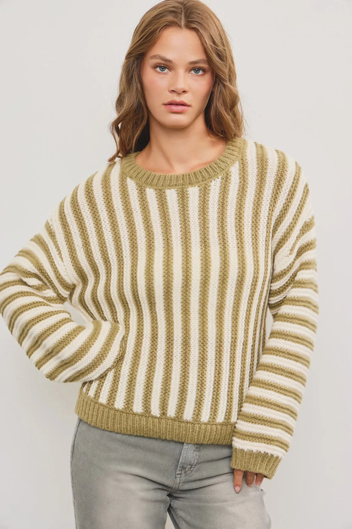 Oversized crew neck striped heavy sweater top in olive green and white for women’s boho chic clothing