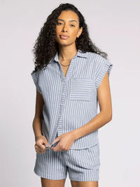 Striped pajama set featuring a collared V neckline and single chest pocket in the MARINA Short Sleeve Top