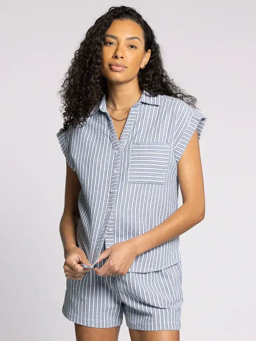Striped pajama set featuring a collared V neckline and single chest pocket in the MARINA Short Sleeve Top