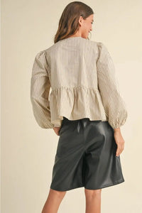 Striped tie front blouse with balloon sleeves from Shop Daisy, ideal for women’s boho chic clothing