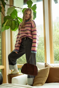 Striped pink and purple fuzzy sweater in Shop Daisy boho chic denim