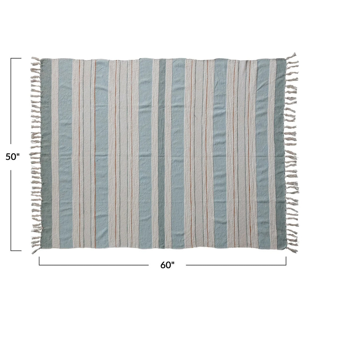 Striped woven cotton throw with fringe in muted blue and neutral tones